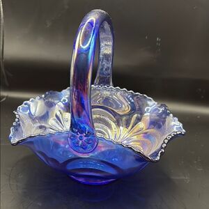 L. E. Smith Glass Co. - Revival Cobalt Blue Carnival Scroll Basket